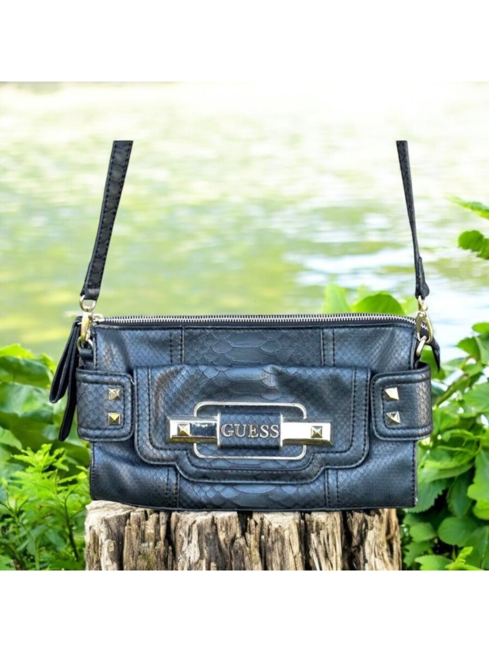 Guess Black Faux Leather East-West Shoulder Bag With Gold Stud Details & Logo Pl